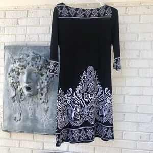 White House Black Market womens little black dress 3/4 sleeves scroll print XS